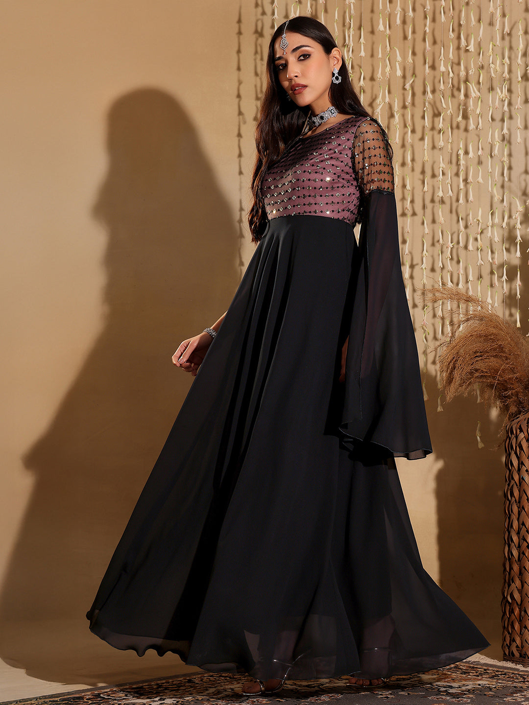 Women's Black & Lavender Relaxed Fit Maxi Georgette & Sequins Dress