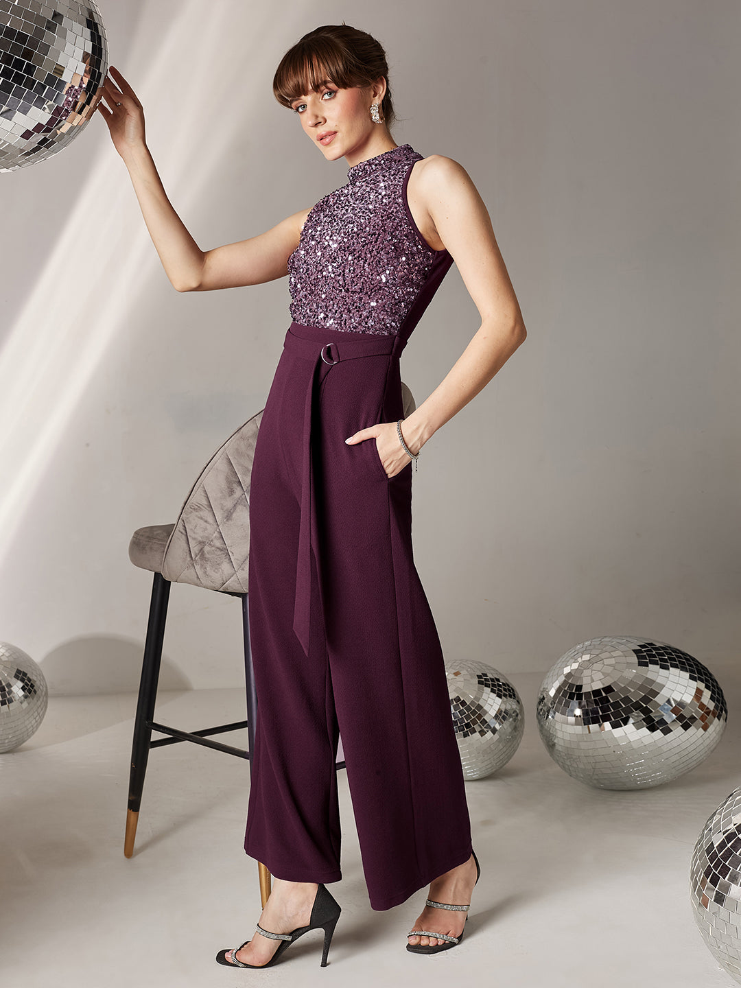 Women's Dark Purple Halter Neck Sleeveless Embellished Regular-Length Jumpsuit
