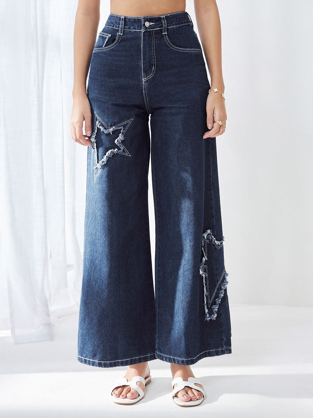 Navy Blue High Rise Mildly-Distressed Regular-Length Stretchable Denim Wide-leg Jeans for Women
