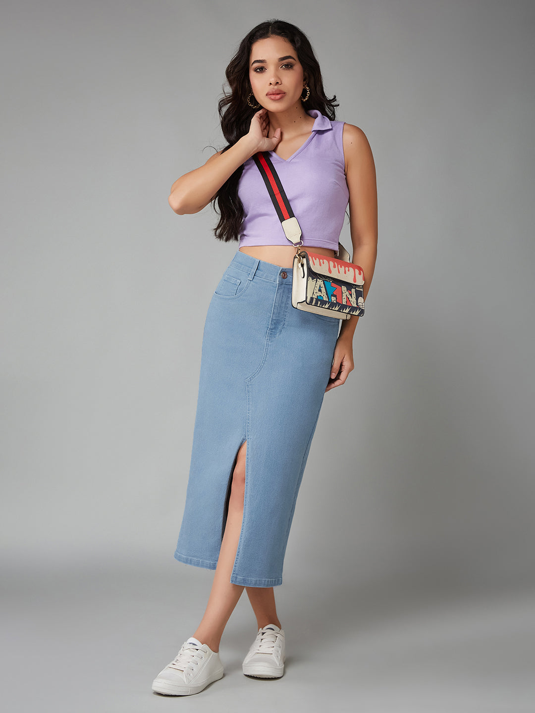 Women's Light Blue Straight-Fit High-Rise Clean-Look Stretchable Denim Midi Skirt