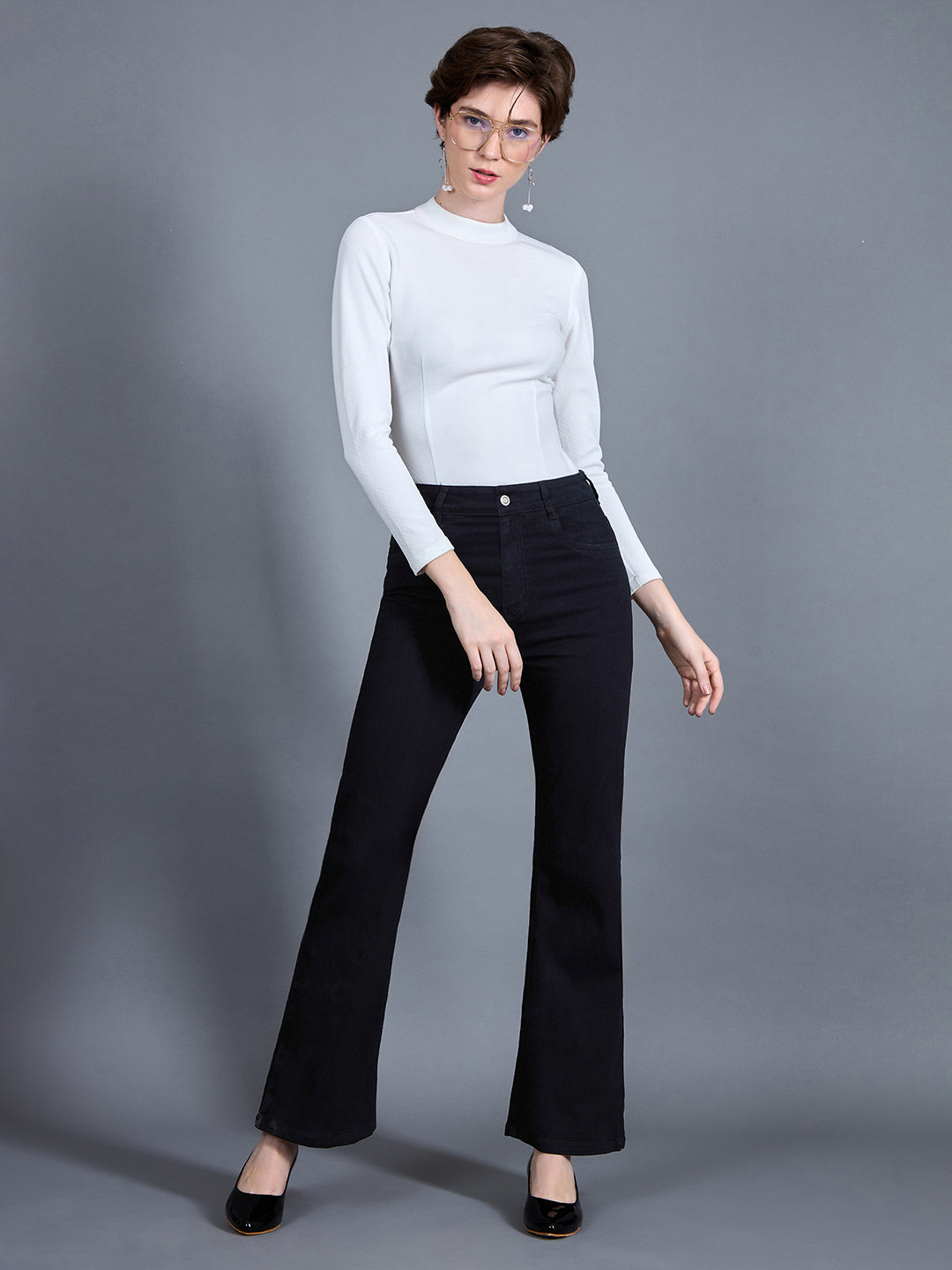 Women's Black Bootcut High rise Clean look Regular Stretchable Denim Jeans