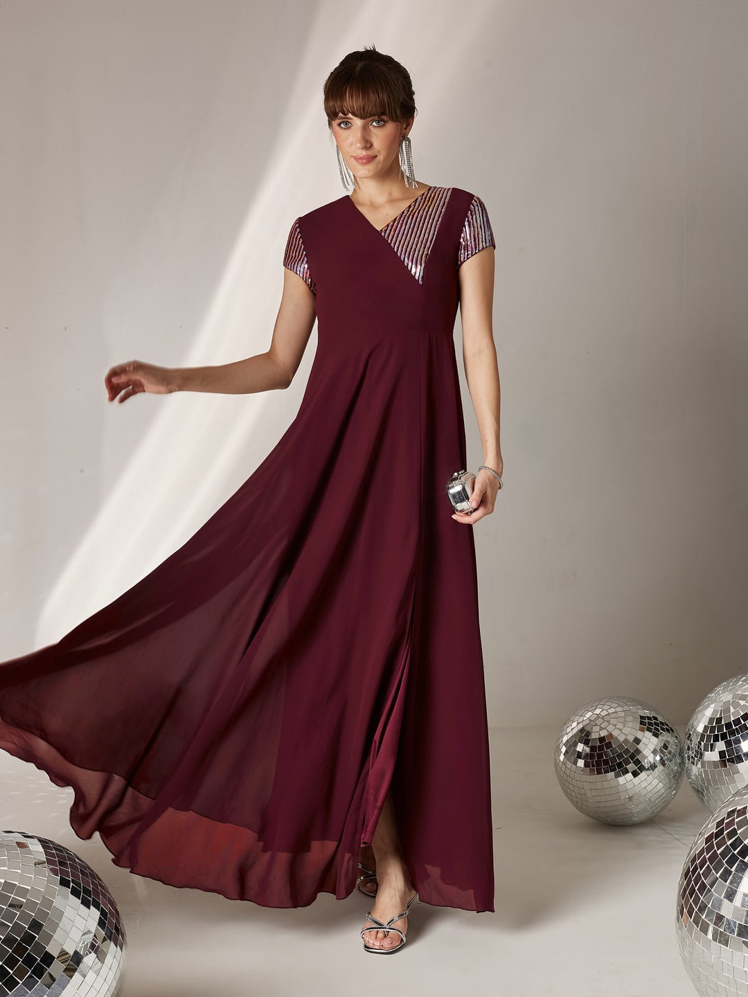 Wine V-Neck Short Sleeve Embellished Asymmetric Maxi Dress for Women