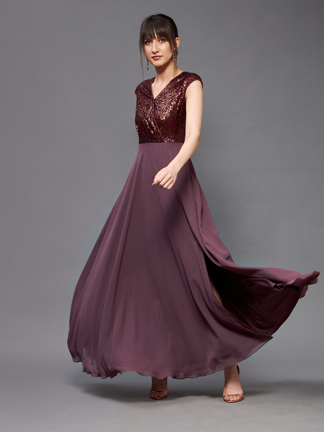 Women's Mauve Wine V-Neck Sleeveless Embellished Wrap Maxi Dress