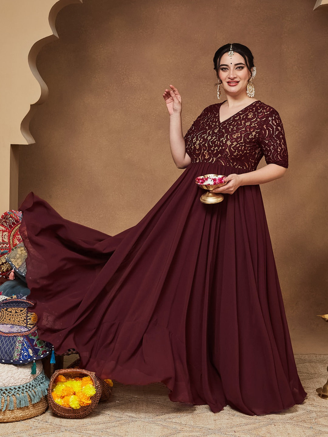 Wine V-Neck Half Sleeve Self Designed Wrap Georgette Maxi Dress for Women