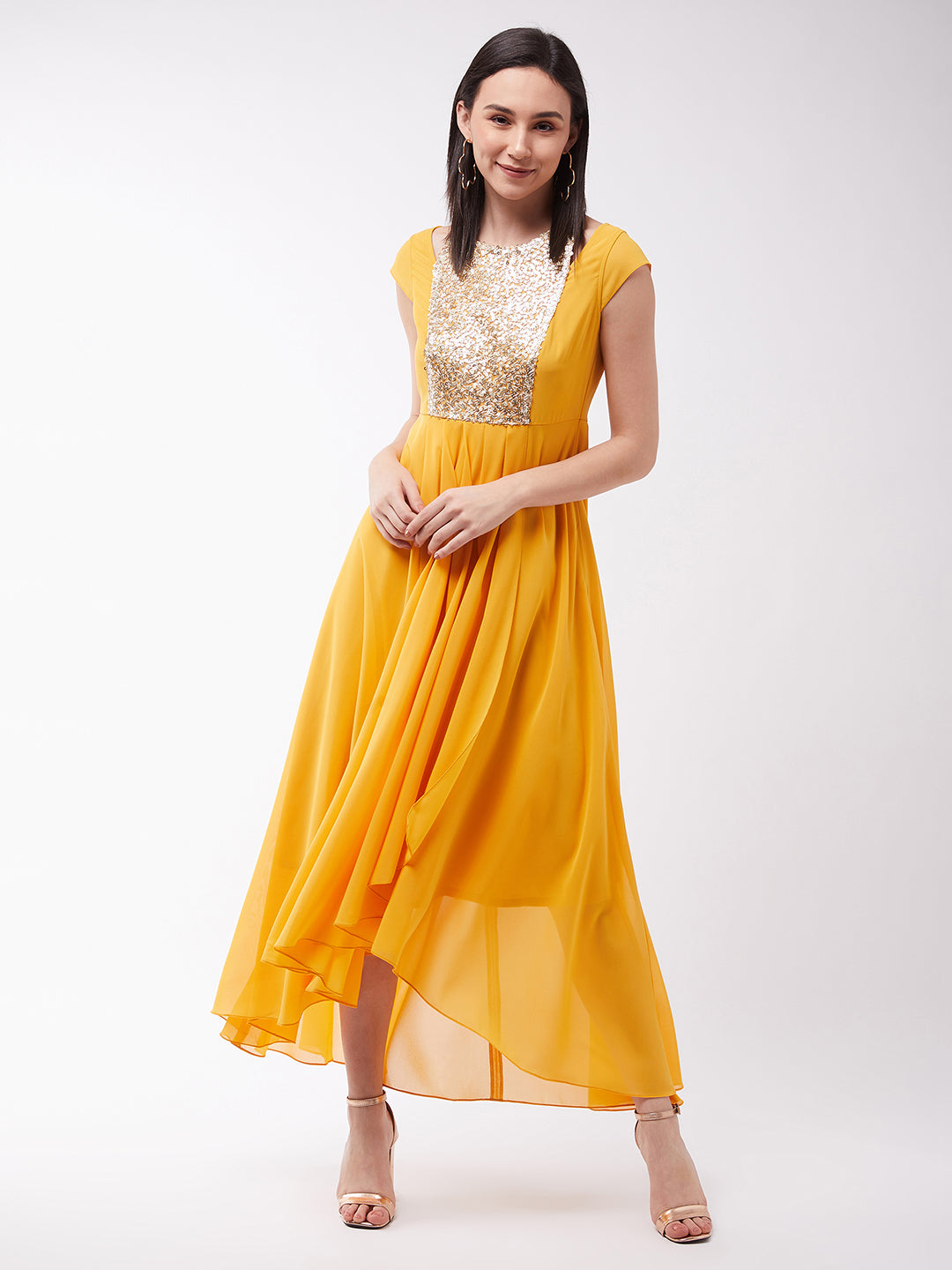 Women's Mustard Round neck Cap Sleeve Solid Embellished Maxi Dress