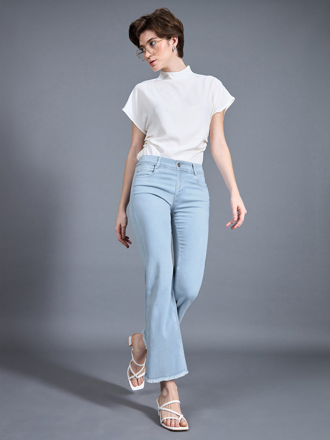 Women's Light Blue Bootcut High-Rise Clean Look Cropped Stretchable Denim Jeans