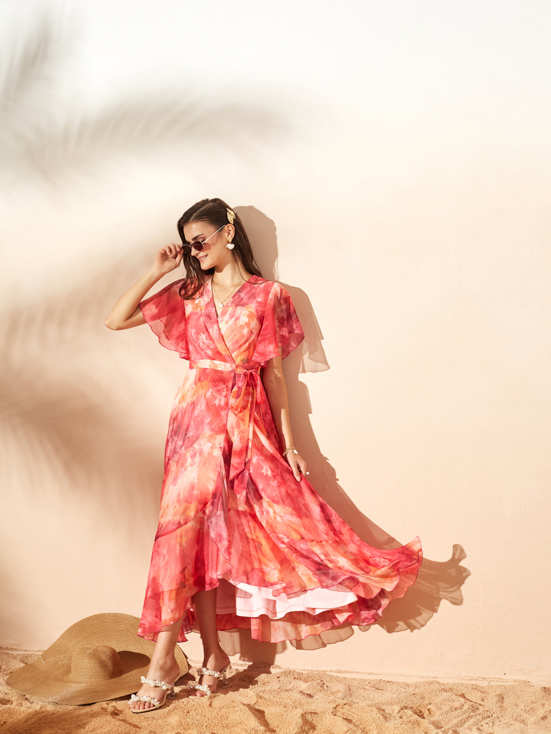Flame Orange And Pink V-Neck Flared Abstract Overlap/Tie-Up Maxi Chiffon Dress for Women