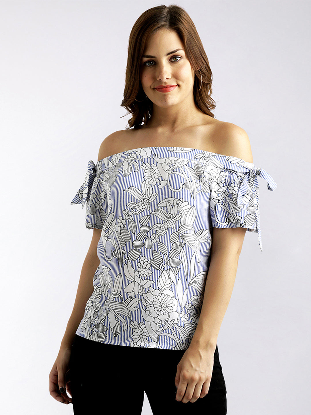 Women's Blue And White Off-shoulder Short Sleeve Striped And Floral Print Bardot Top