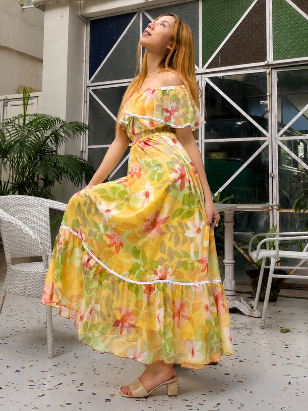 Butter Yellow Square Neck Cape Floral Tiered Maxi Chiffon Dress for Women