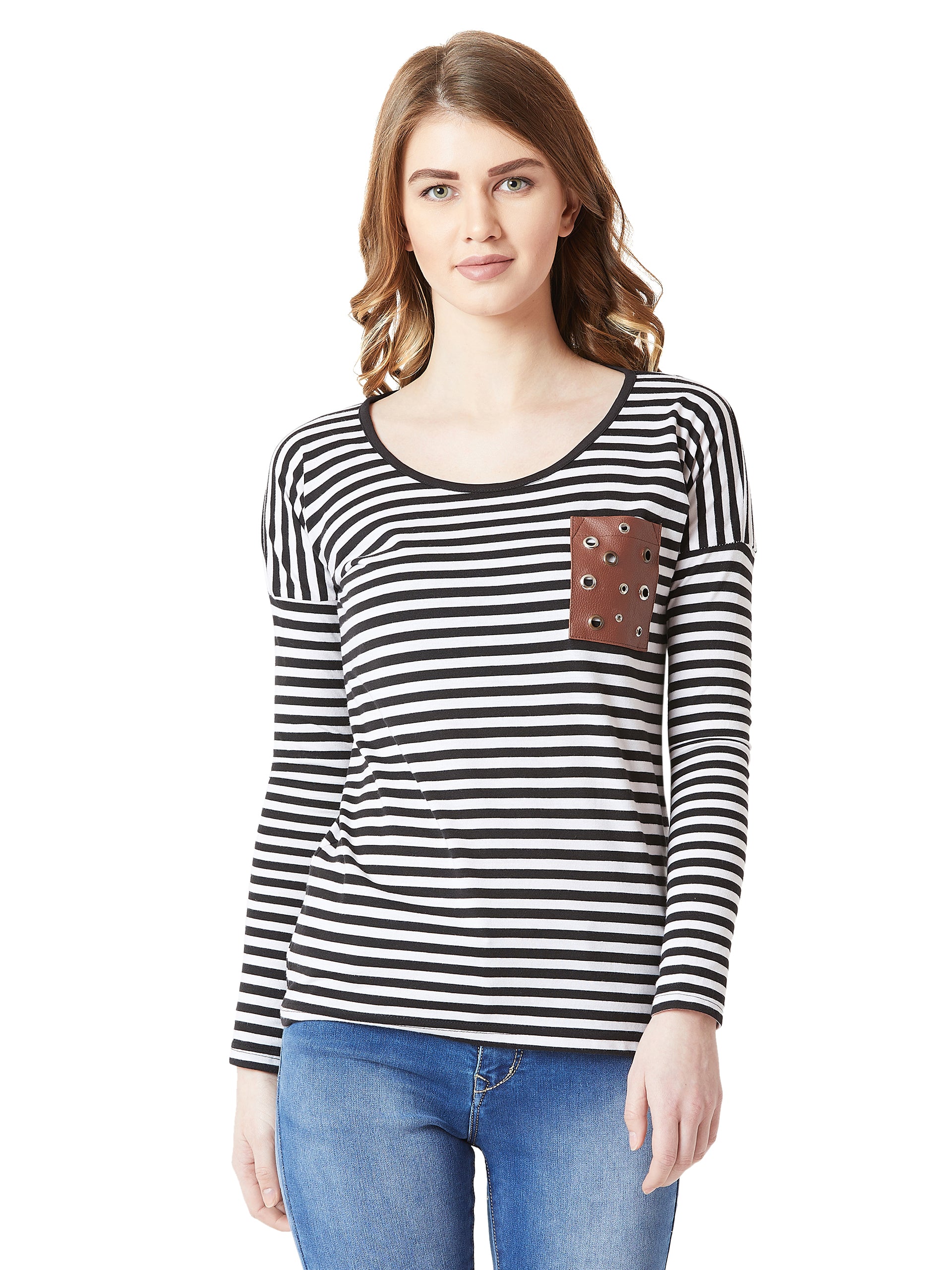 Women's Black and White Round Neck Full Sleeve Cotton Striped Eyelet Detailing Pocket Top