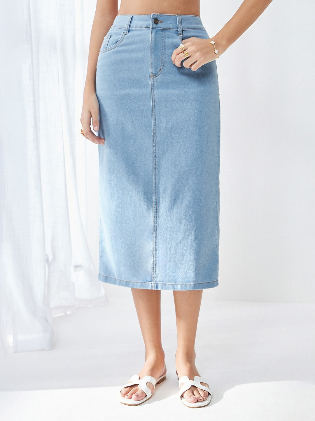 Light Blue Straight High Rise Clean Look Midi Stretchable Denim Denim Skirt for Women