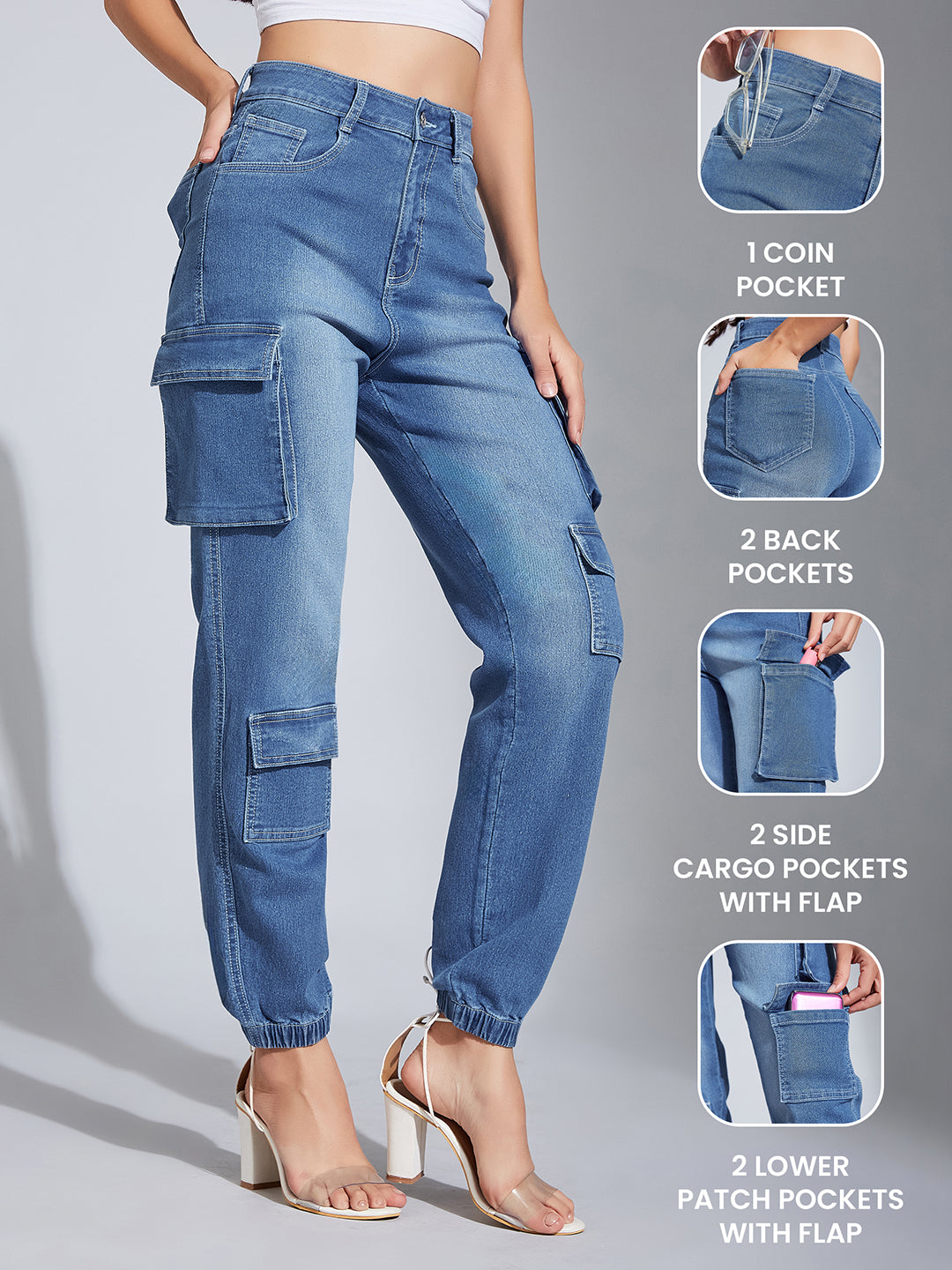 Women's Mid-Blue Regular High-Rise Regular Stretchable Denim Joggers