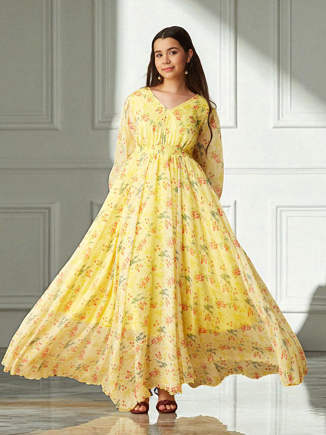 Multicolored-Base-LimeYellow V-Neck Bishop Sleeve Floral Gathered Chiffon Maxi Dress for Women