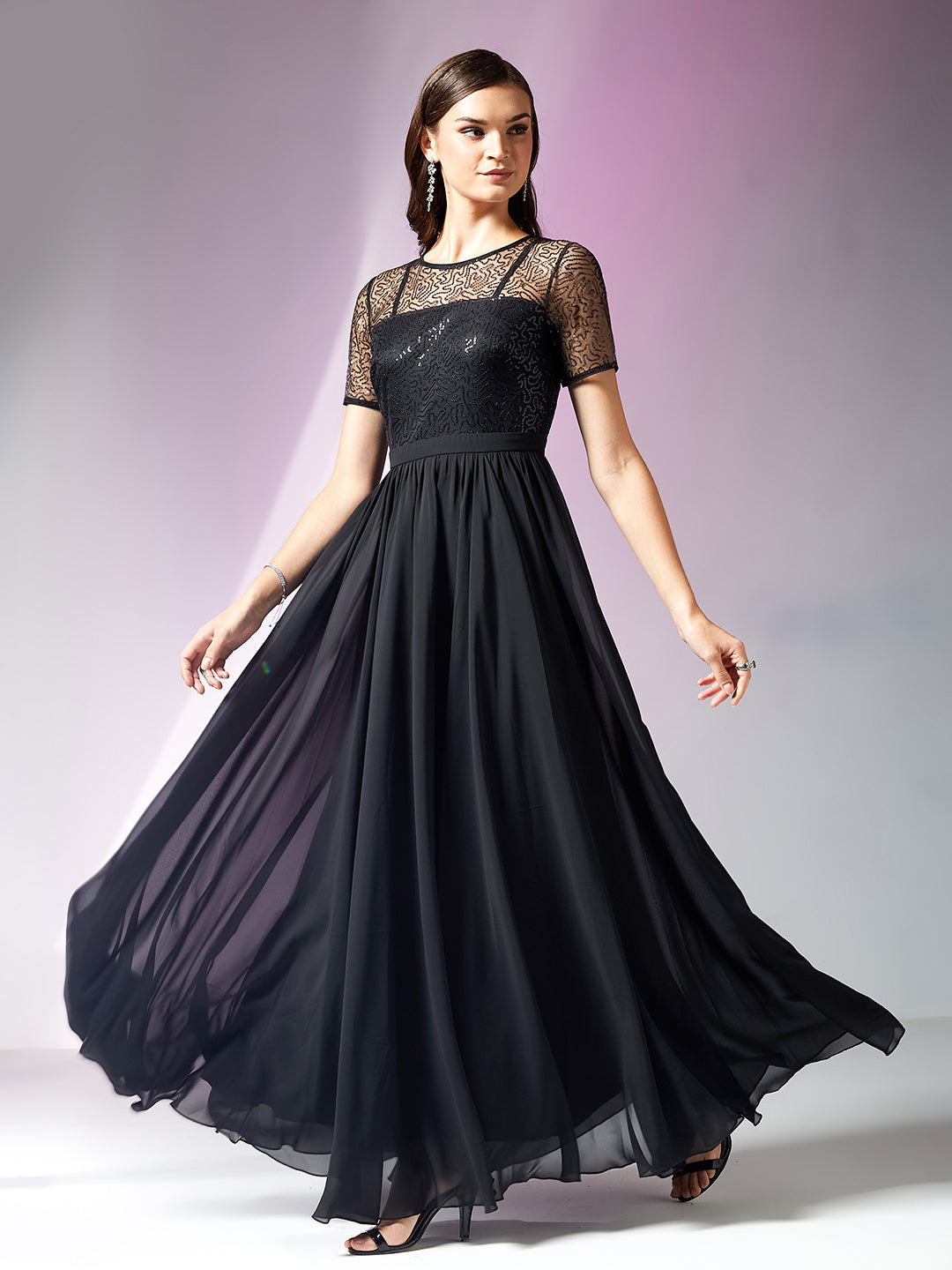 Mauve Relaxed Fit Maxi Georgette & Sequins Dress for Women