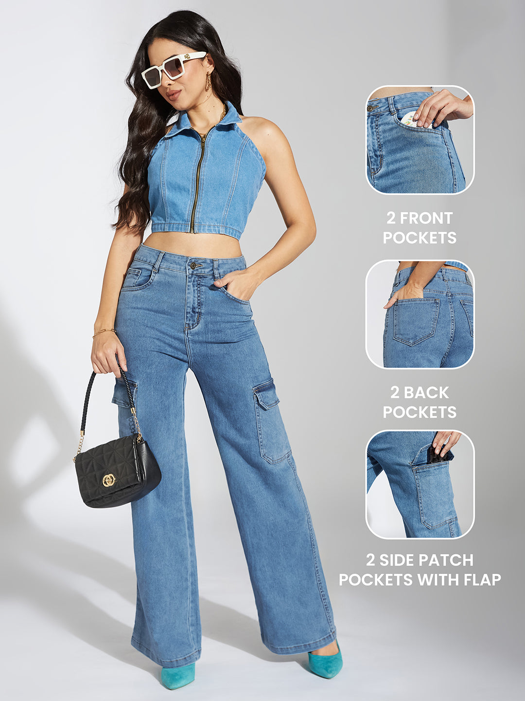 Women's Blue Wide-Leg High-Rise Heavy Wash Stretchable Cargo Denim Jeans