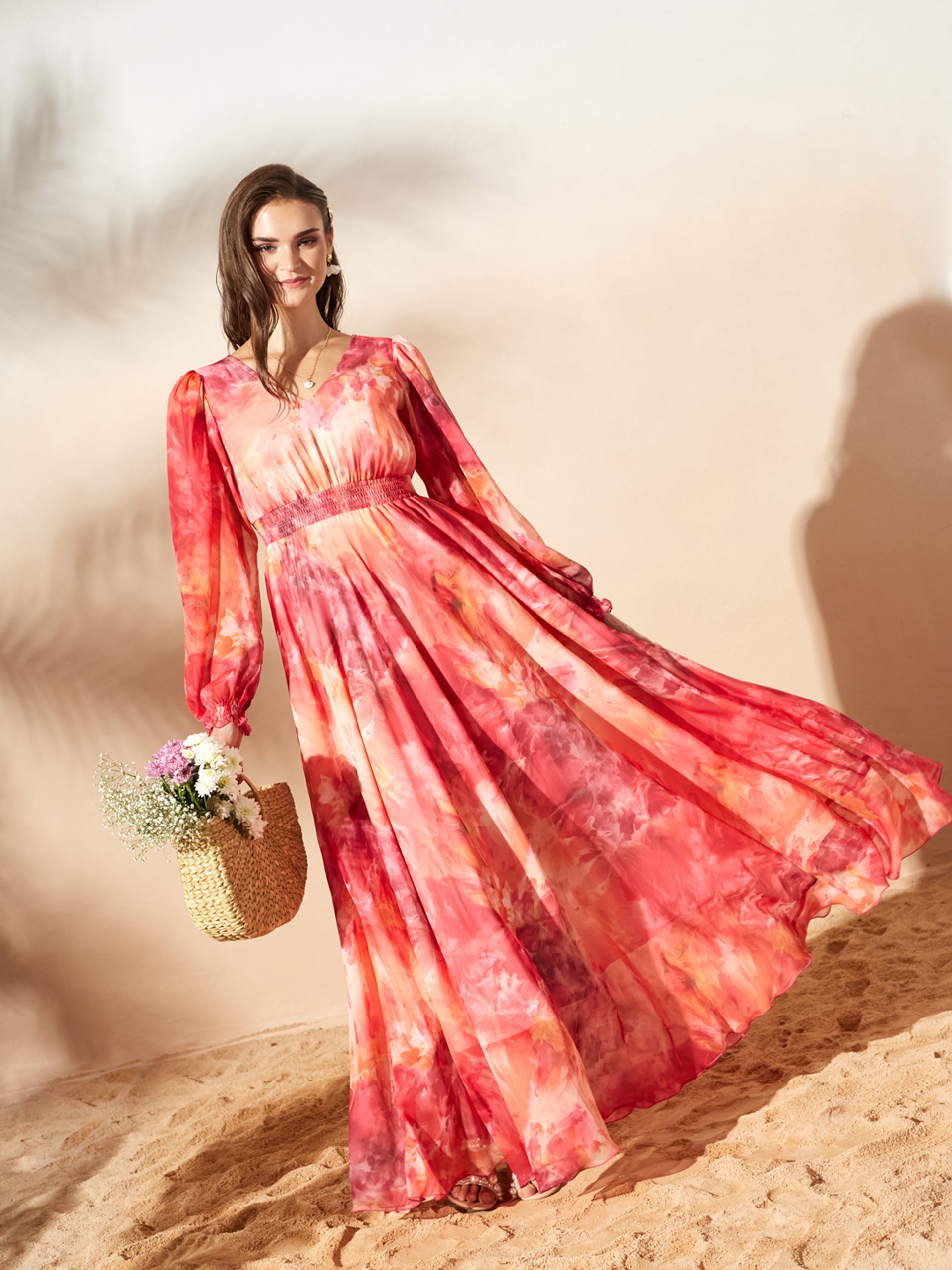Orange Full Sleeves Floral Printed Fit and Flare Dress for Women