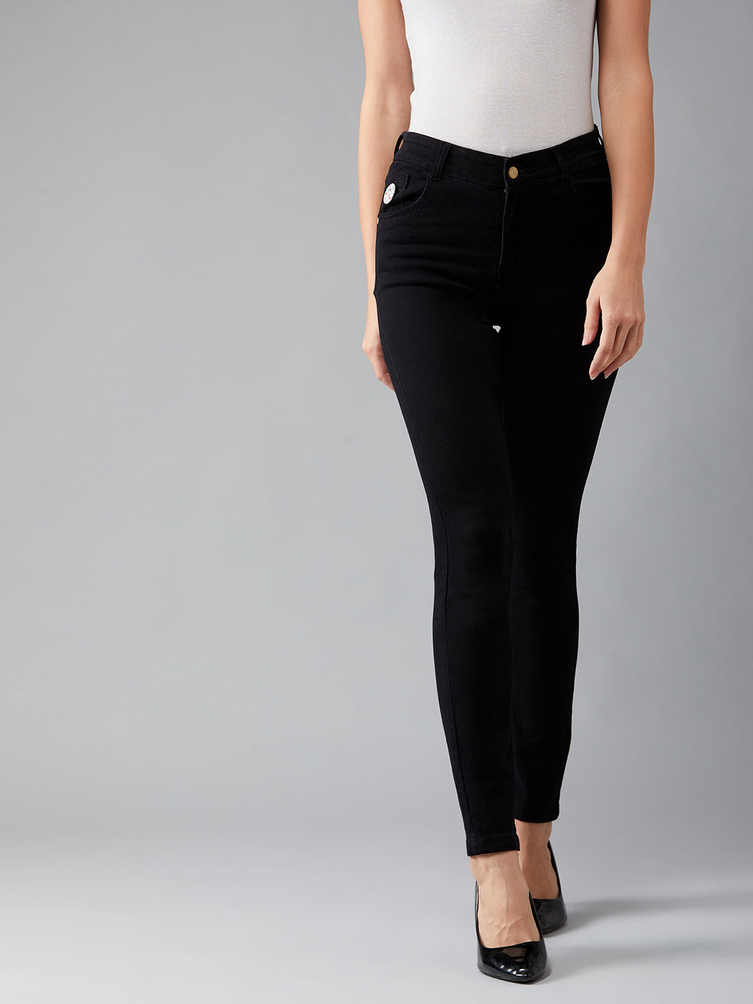 Women's Black Slim-Fit Embellished High-Rise Stretchable Denim Jeans