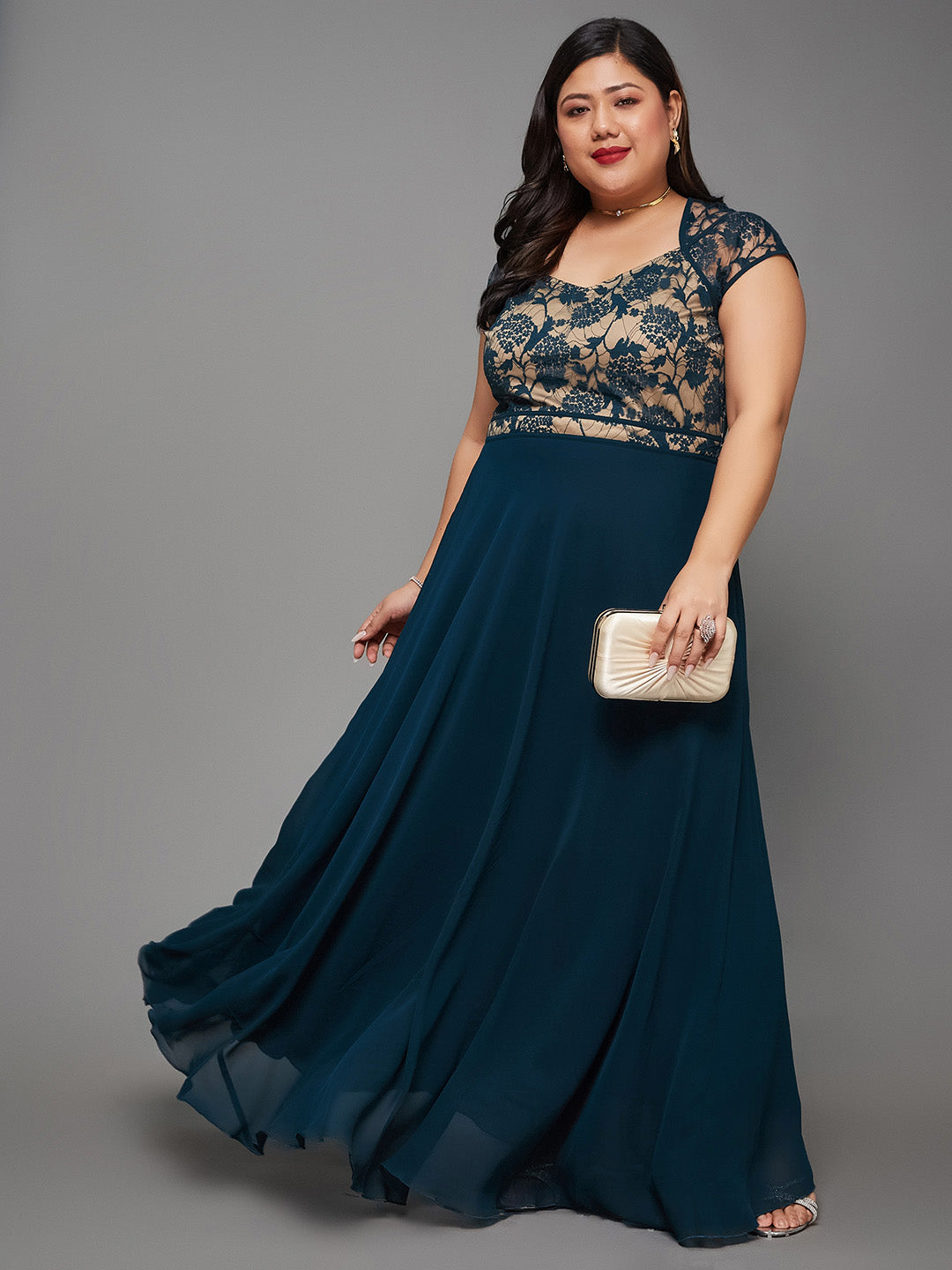 Teal Floral V - Neck Cap Short Sleeves Lace Overlaid Fit & Flare Paneled Maxi Dress for Women