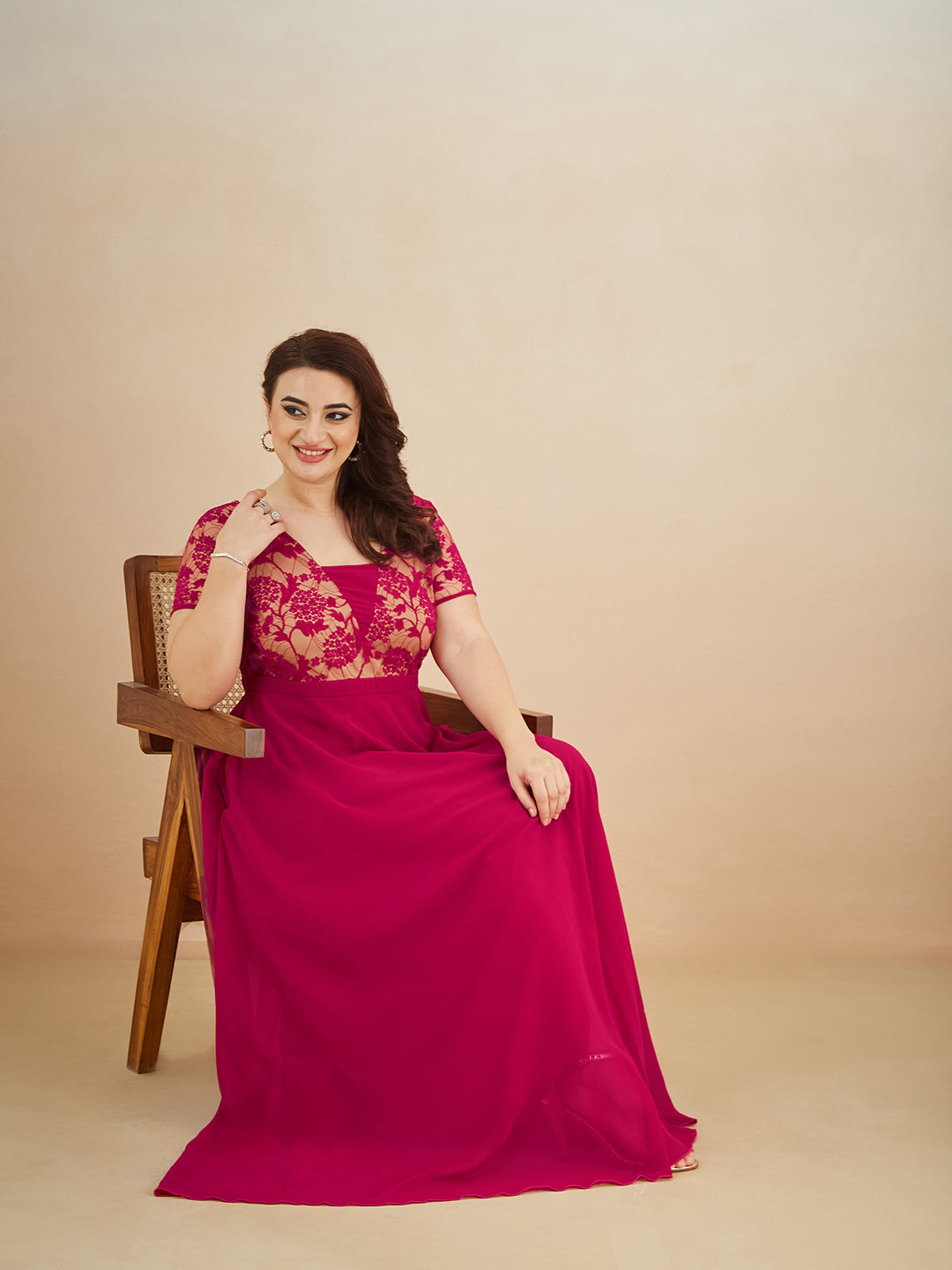 Dark Pink Square Neck Raglan Short Sleeve Self Design Lace Overlaid Georgette Maxi Dress for Women