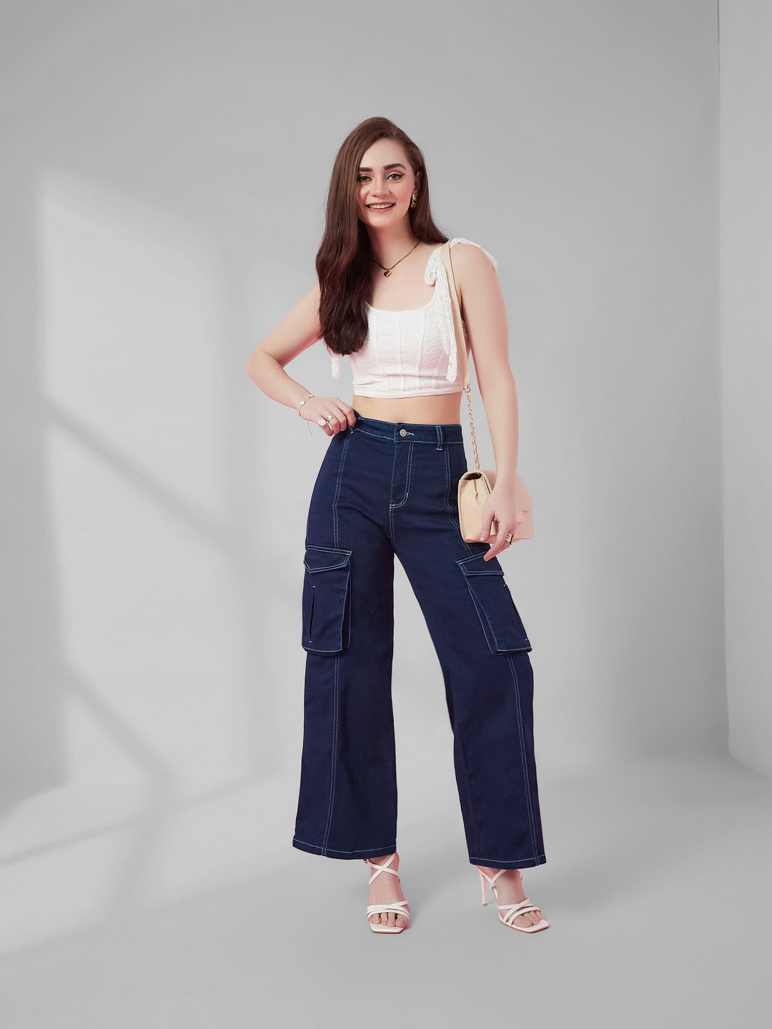 Navy Blue Wide leg high-rise Regular Stretchable Denim Jeans for Women