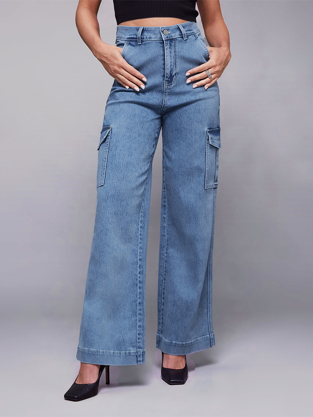 Light Blue Wide-Leg High-Rise Stretchable Flared Cargo Style Denim Jeans for Women