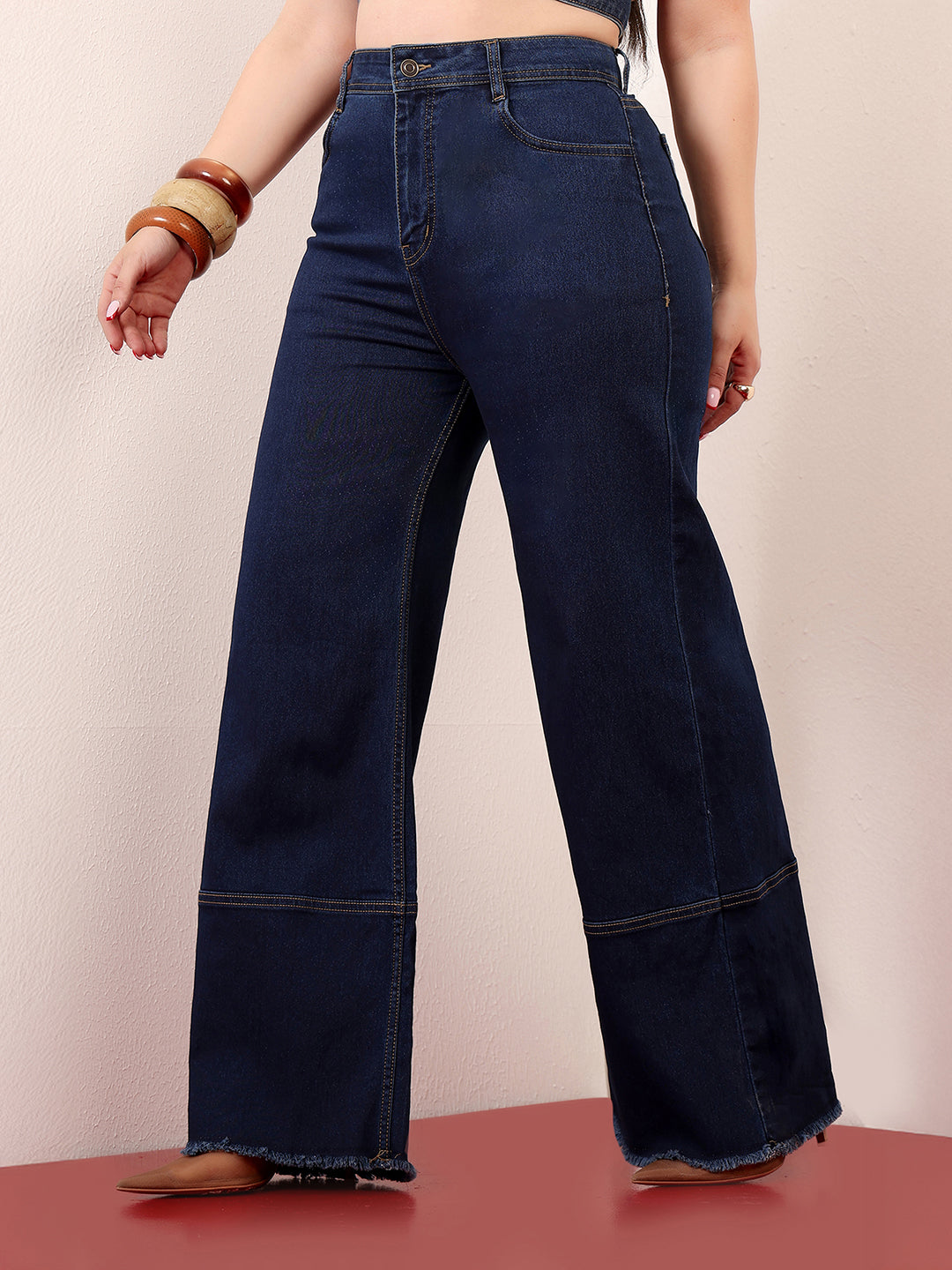 Women's Navy Blue Wide-Leg High-Rise Clean-Look Stretchable Denim Jeans