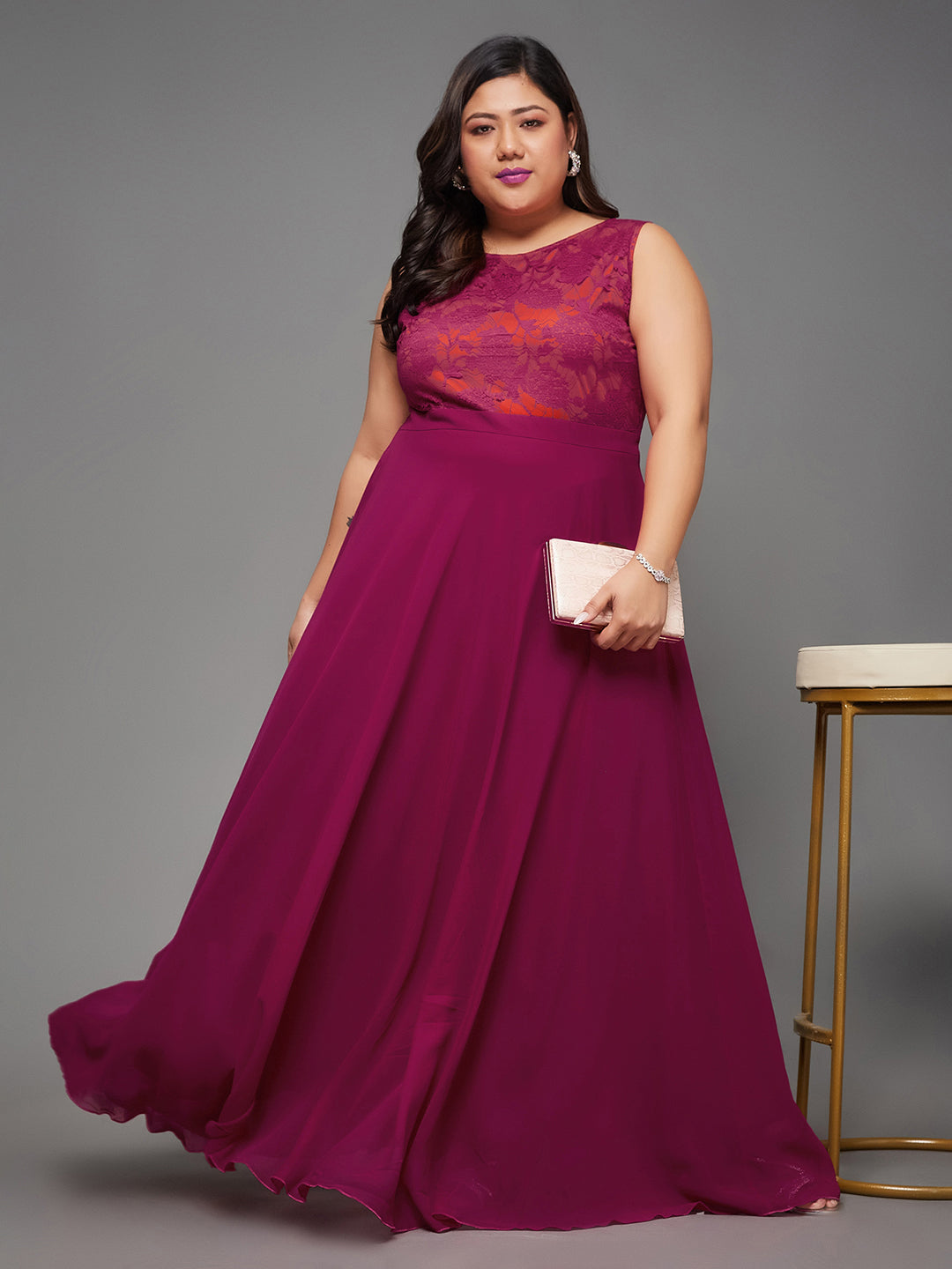 Dark Pink & Rust Sleeveless Fit and Flare Lace Dress for Women