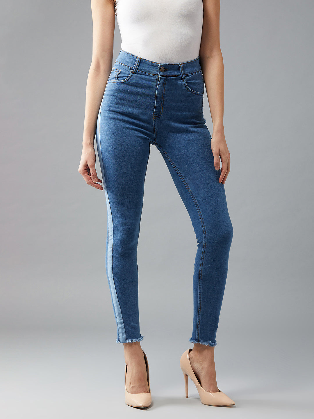 Women's Blue Skinny High-Rise Clean-Look Fringe And Silky Denim Tape Detailing Cropped Denim Jeans