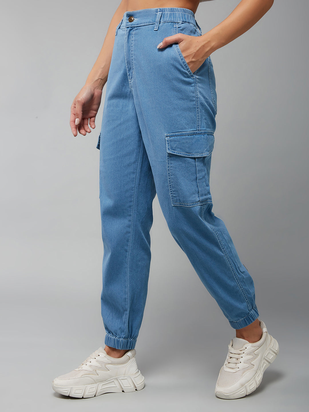 Women's Light Blue Regular High-Rise Clean-Look Light Weight Stretchable Denim Joggers