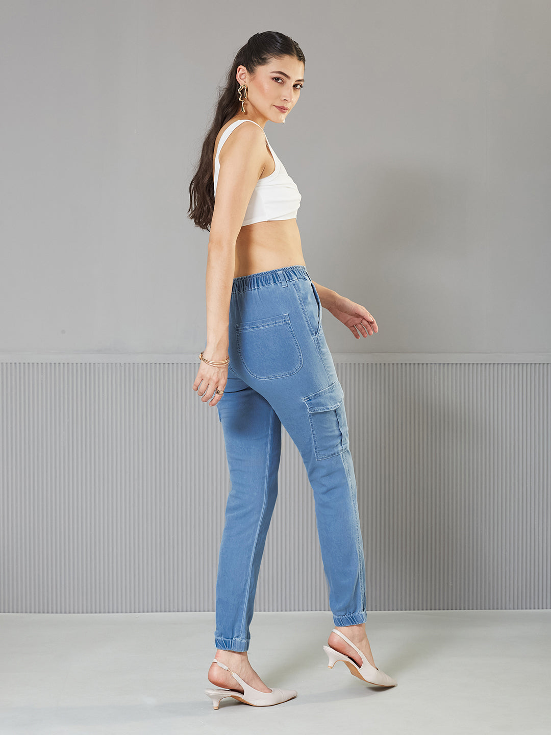 Women's Light Blue Regular High-Rise clean-look Regular Stretchable Light Weight Denim joggers