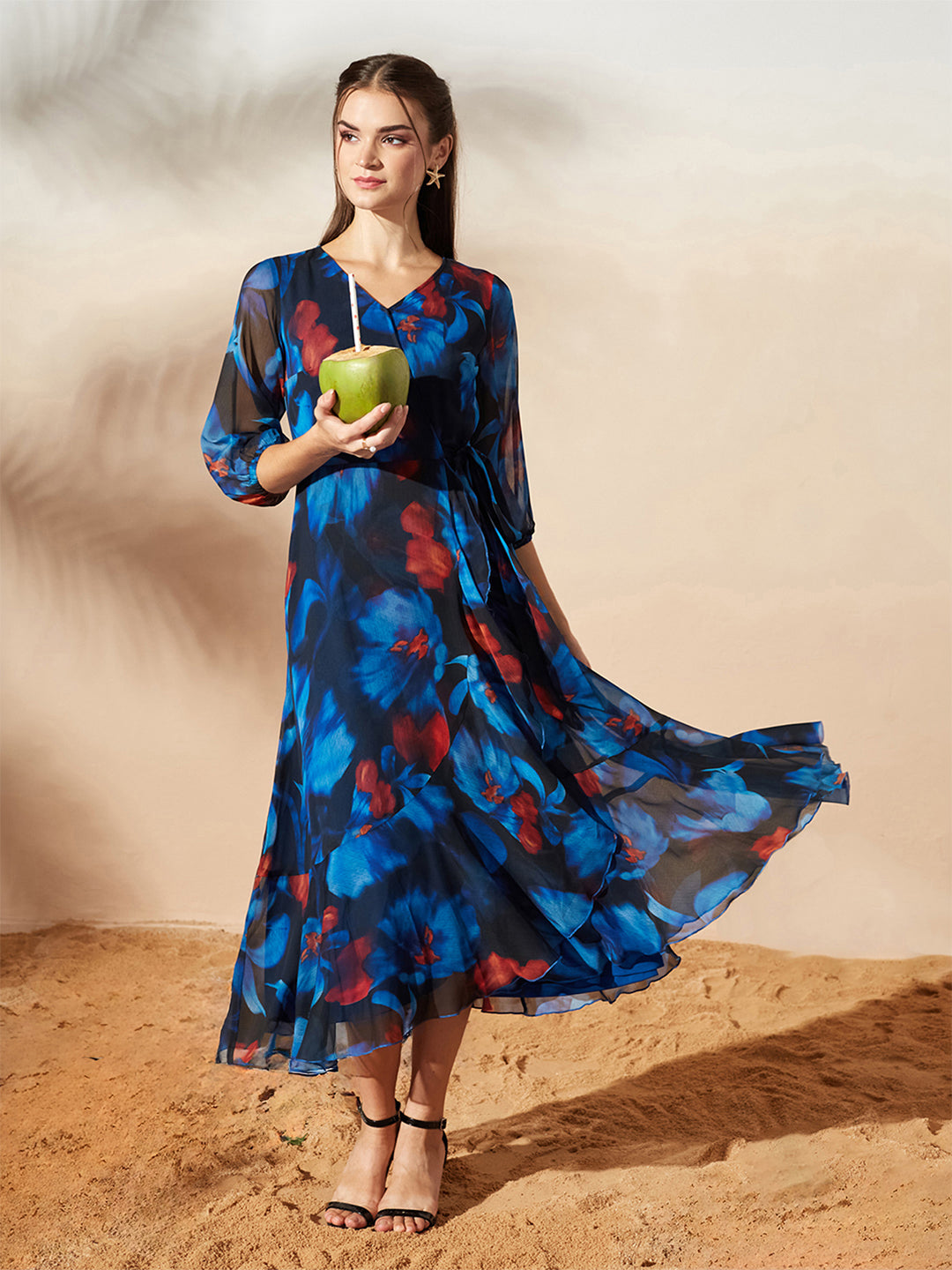 Women’s Multicolored Black Floral V-Neck 3/4 Sleeve Wrap Chiffon Midi Dress for Women