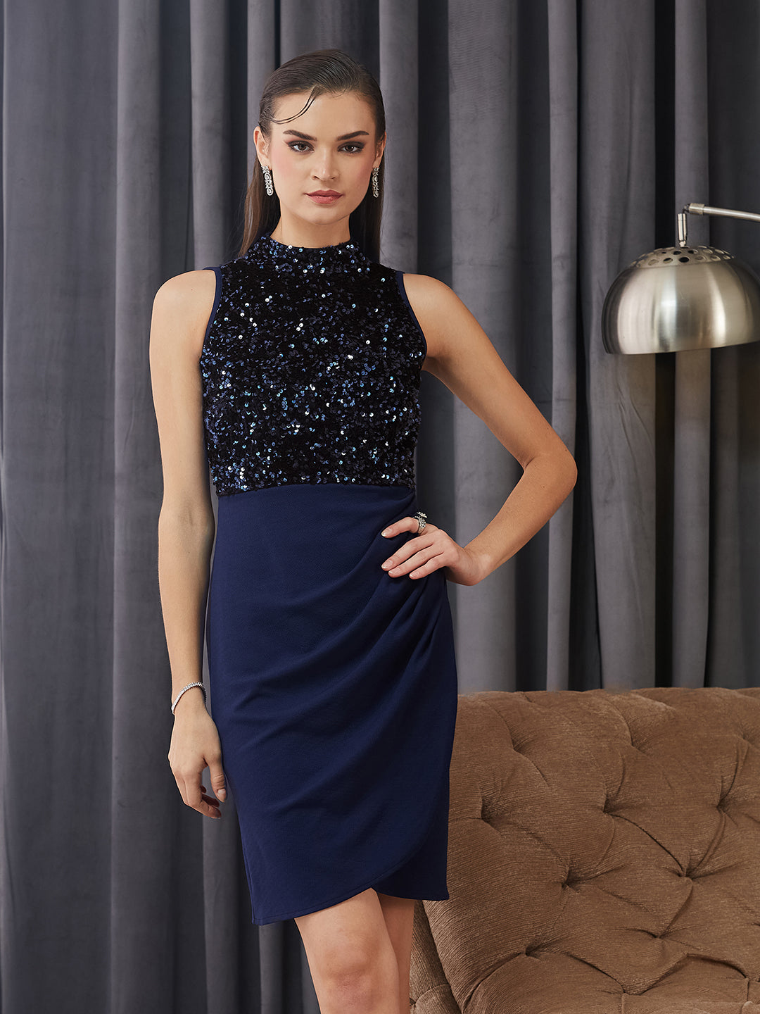 Women's Navy Blue Halter Neck Sleeveless Embellished Pleated Above-Knee Dress