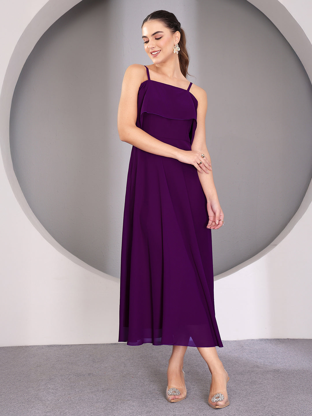 Purple Bardot Style Sleeveless Spaghetti Strap Solid Off Shoulder Midi