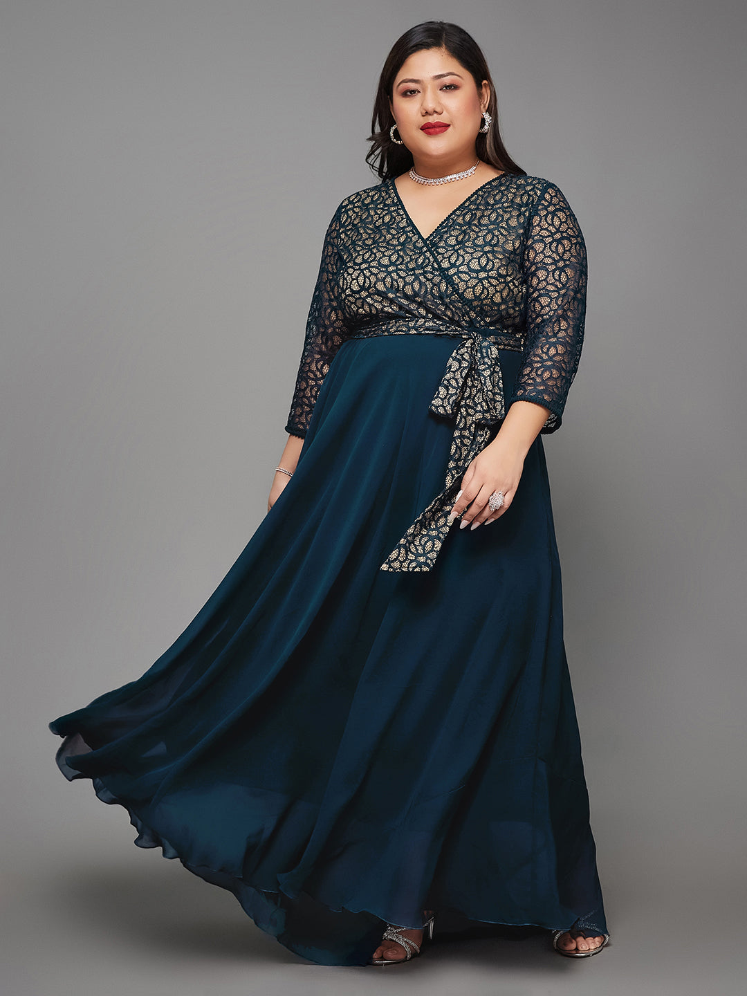Teal Long Sleeves Fit and Flare Wrap Maxi Dress with Lace Belt for Women | Mehendi to Sangeet Collection