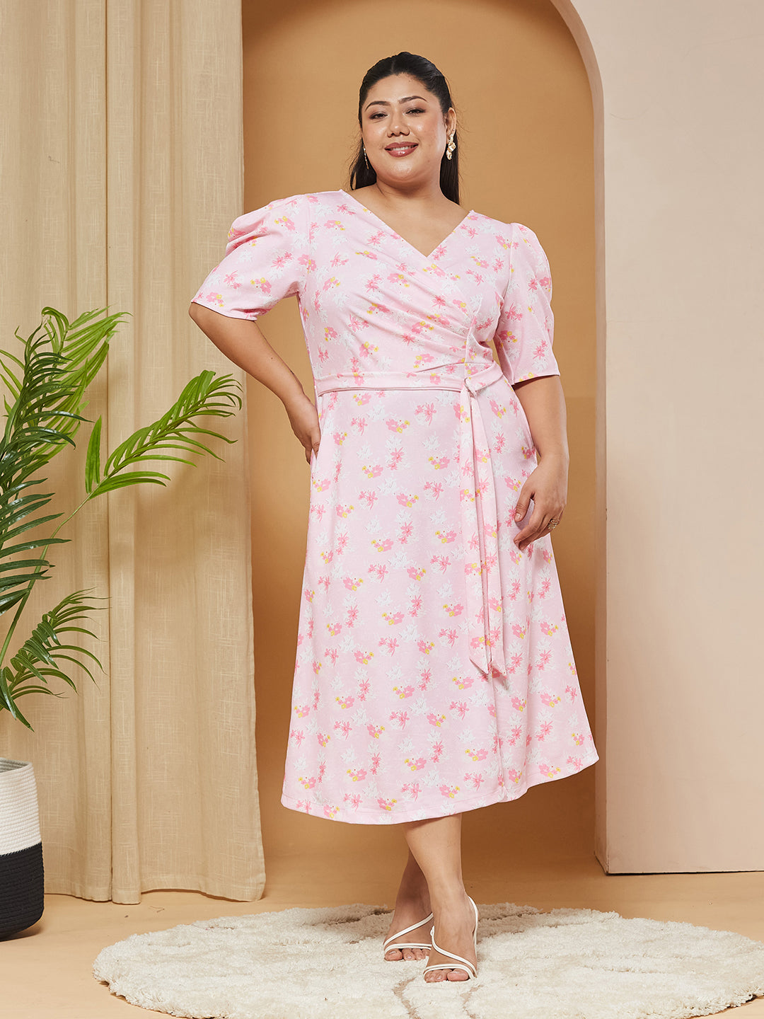 Multicolored-Base-Pink V-neck Puff-Sleeves Floral Wrap Midi Dress for Women