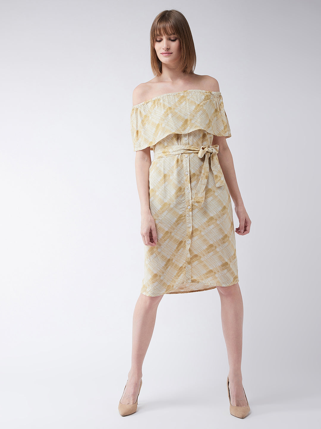 Multicolored Off Shoulder Sleeveless Printed Knee-Length Ruffled Gathered Belted Buttoned Bardot Style Shift Dress for Women