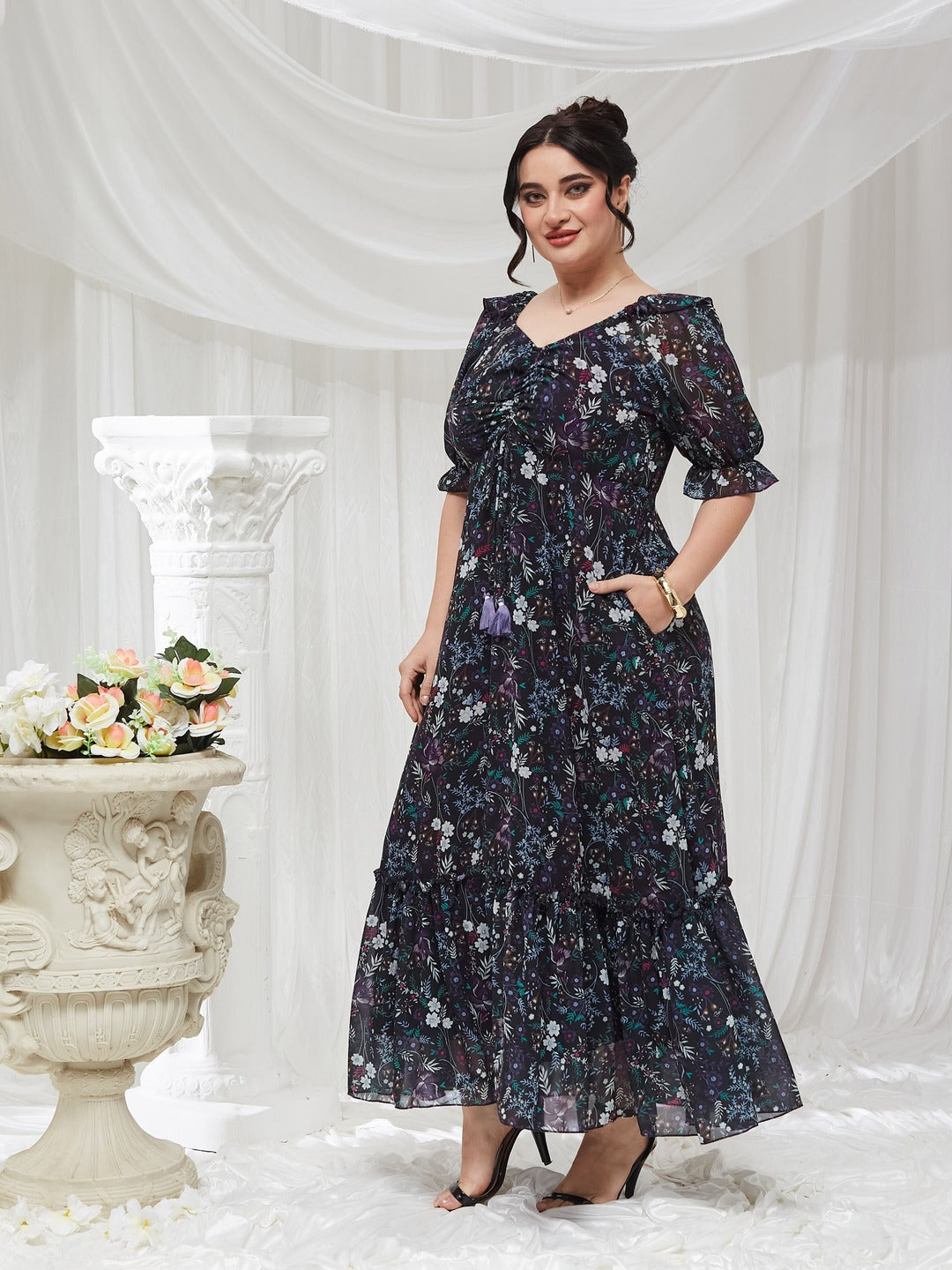 Black Sweetheart-Neck Puffed Sleeve Floral Ruching Georgette Maxi Dress for Women