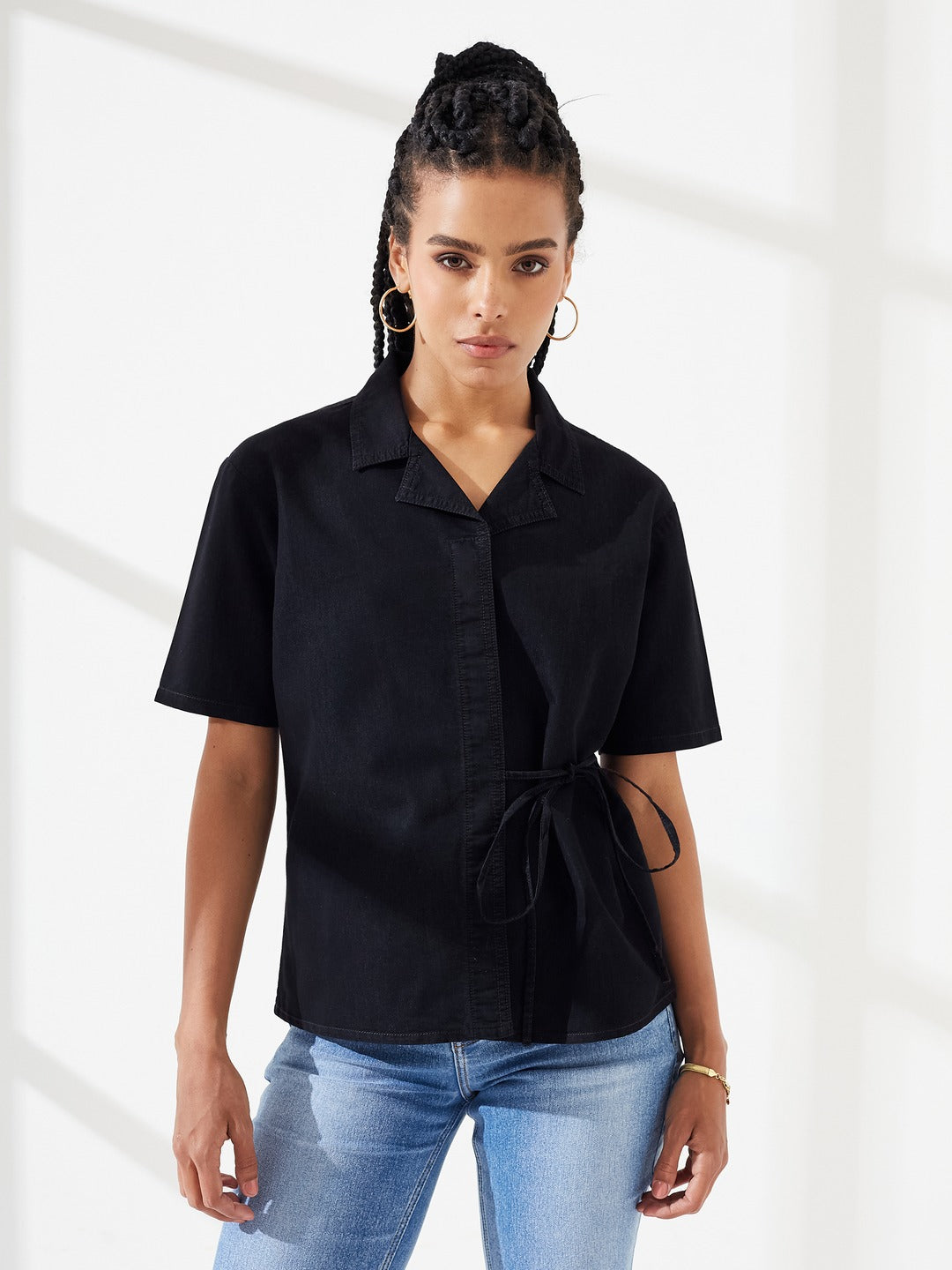Black Shirt Collar Short-Sleeves Tie Up Solid Denim Shirt for Women