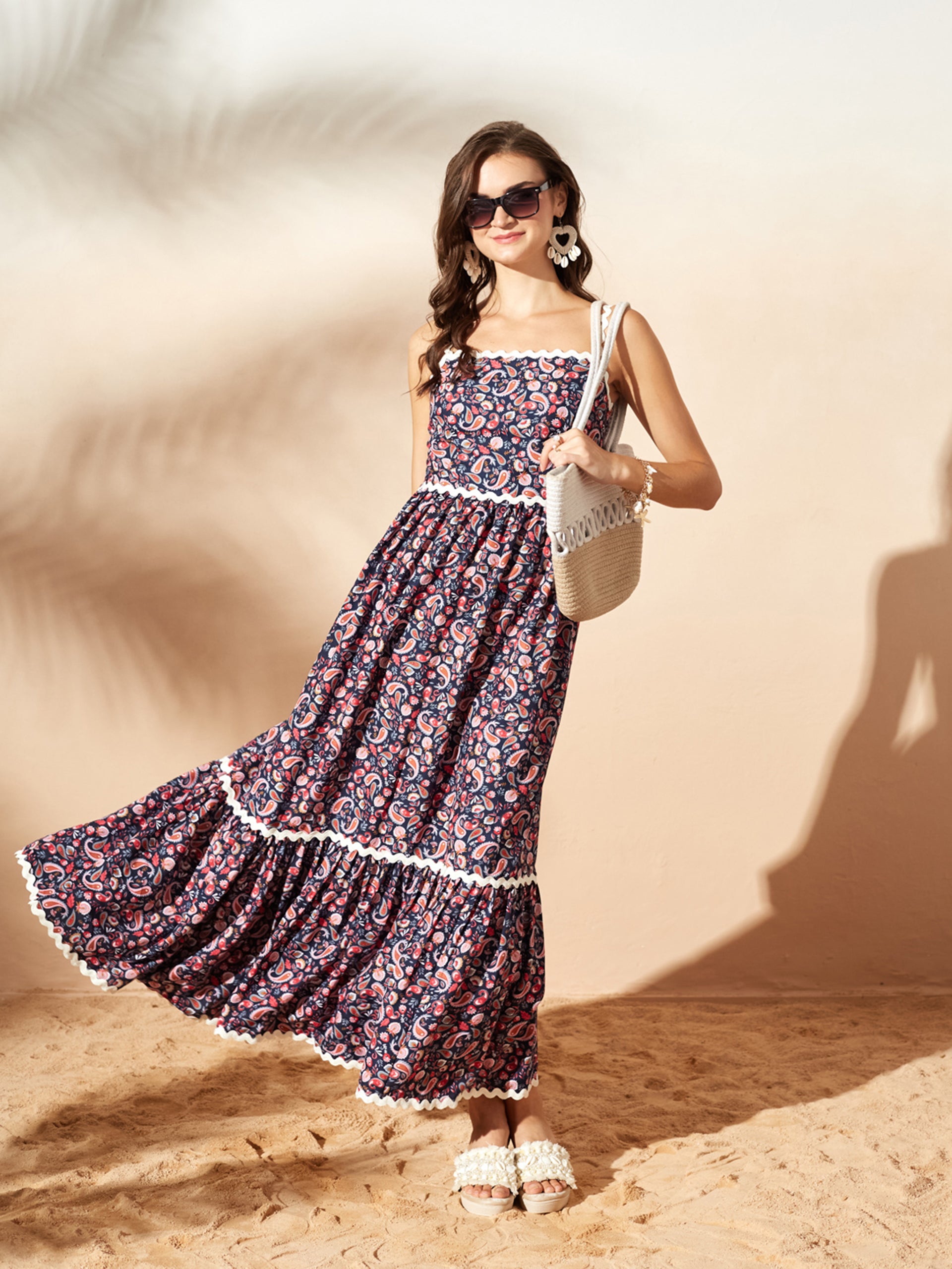 Navy Bohemian Multicolored Tiered Maxi Dress with Square Neck and Smocked Back for Women