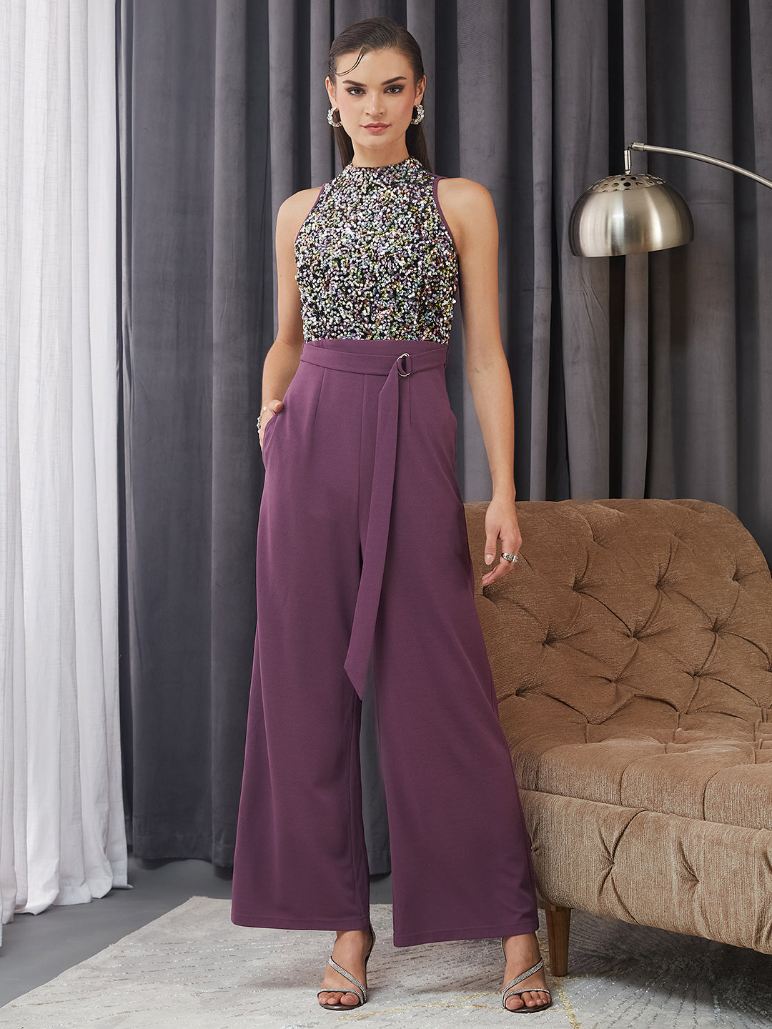 Women's Mauve Sleeveless Embellished Halter Neck Regular Jumpsuit