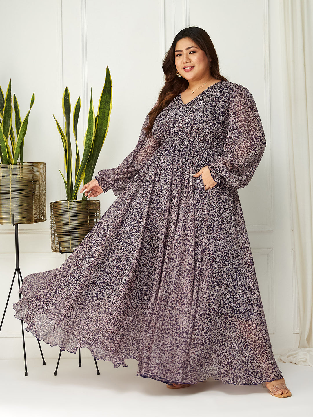 Body Bliss Multicolored-Base-Purple Floral Gathered Chiffon Maxi Dress