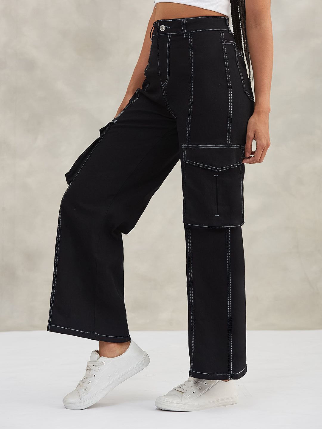 Women's Black Wide-Leg High-Rise Clean-Look Regular-Length Stretchable Patch-Pocketed Denim Jeans