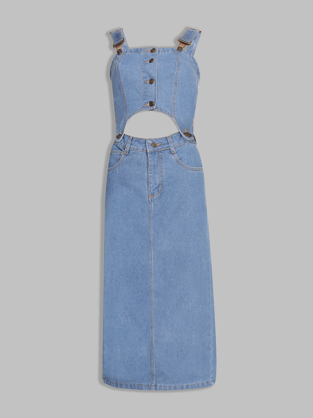 midi denim pinafore dress Blue Square Neck Sleeveless Solid Pinafore Detachable Midi Denim Co-Ord Set  for Women