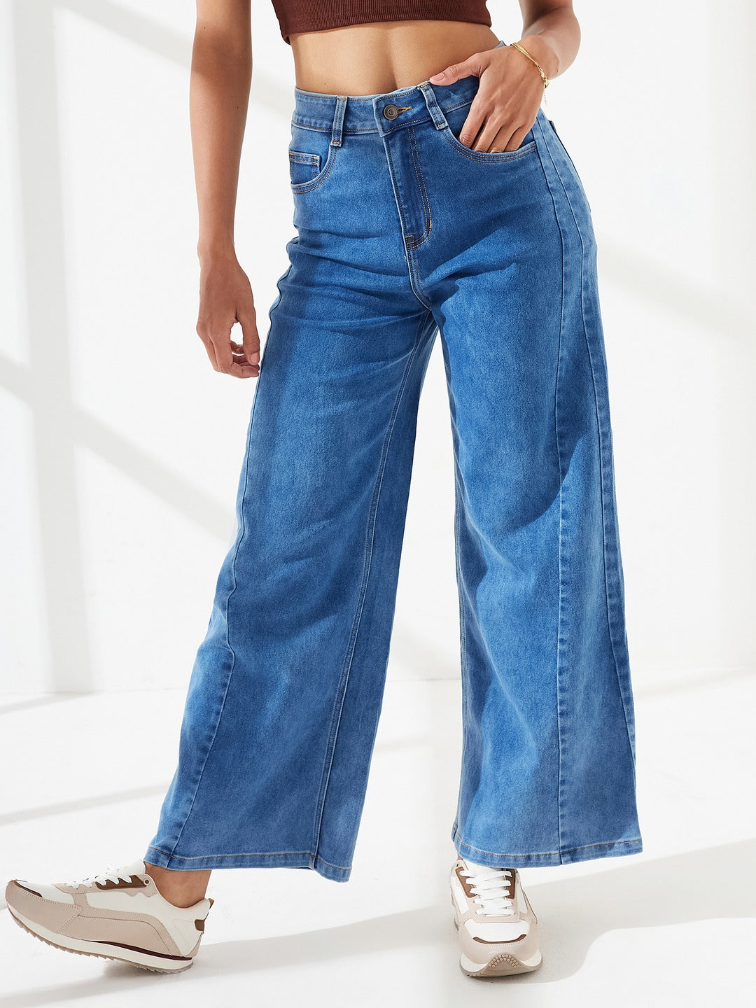 Mid Blue Wide Leg High-Rise Curved Panel Stretchable Denim Jeans For Women