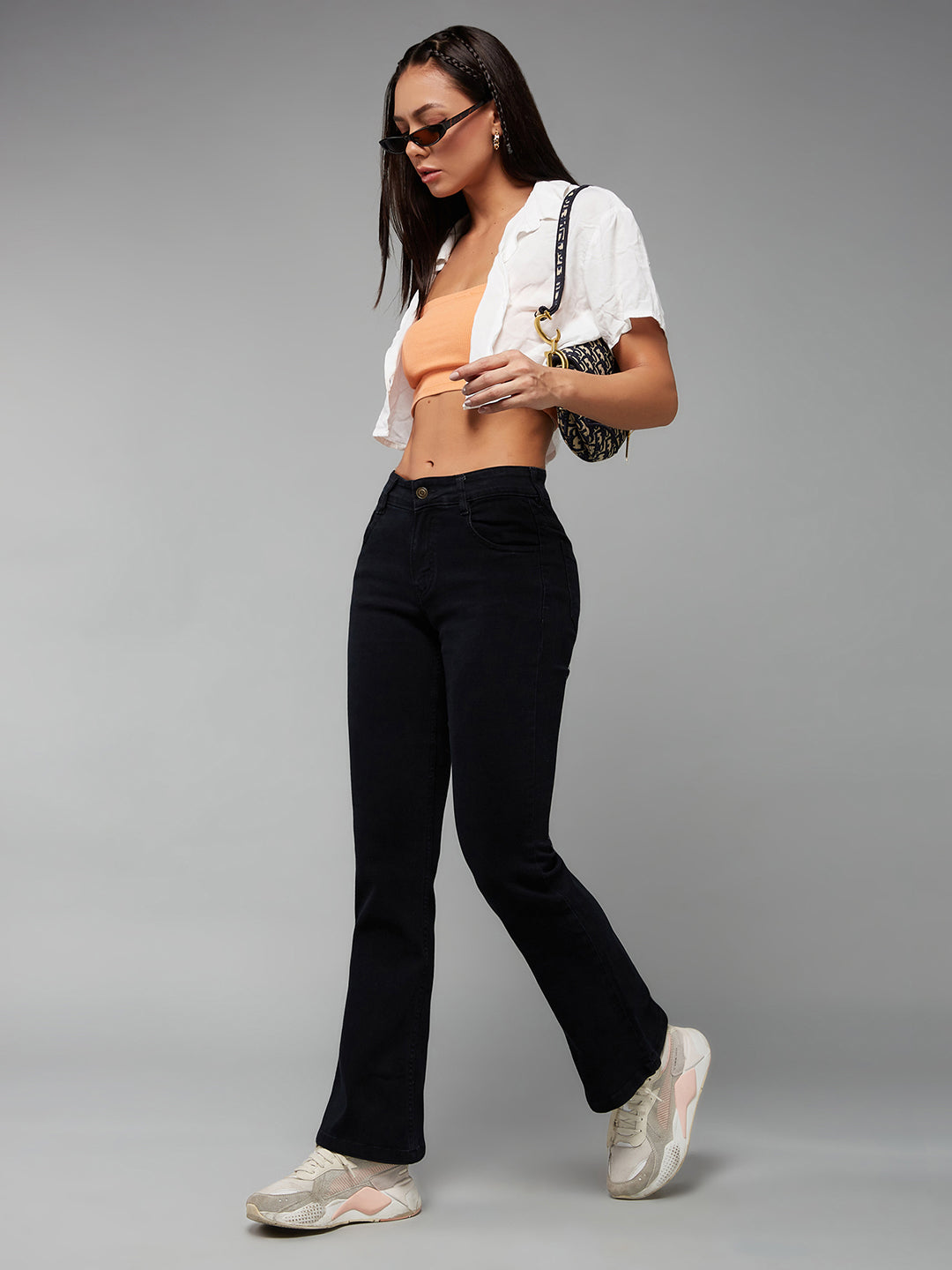 24/7 Comfort Black Bell-Bottom Semi-Bootcut Mid-Rise Stretchable Denim Jeans