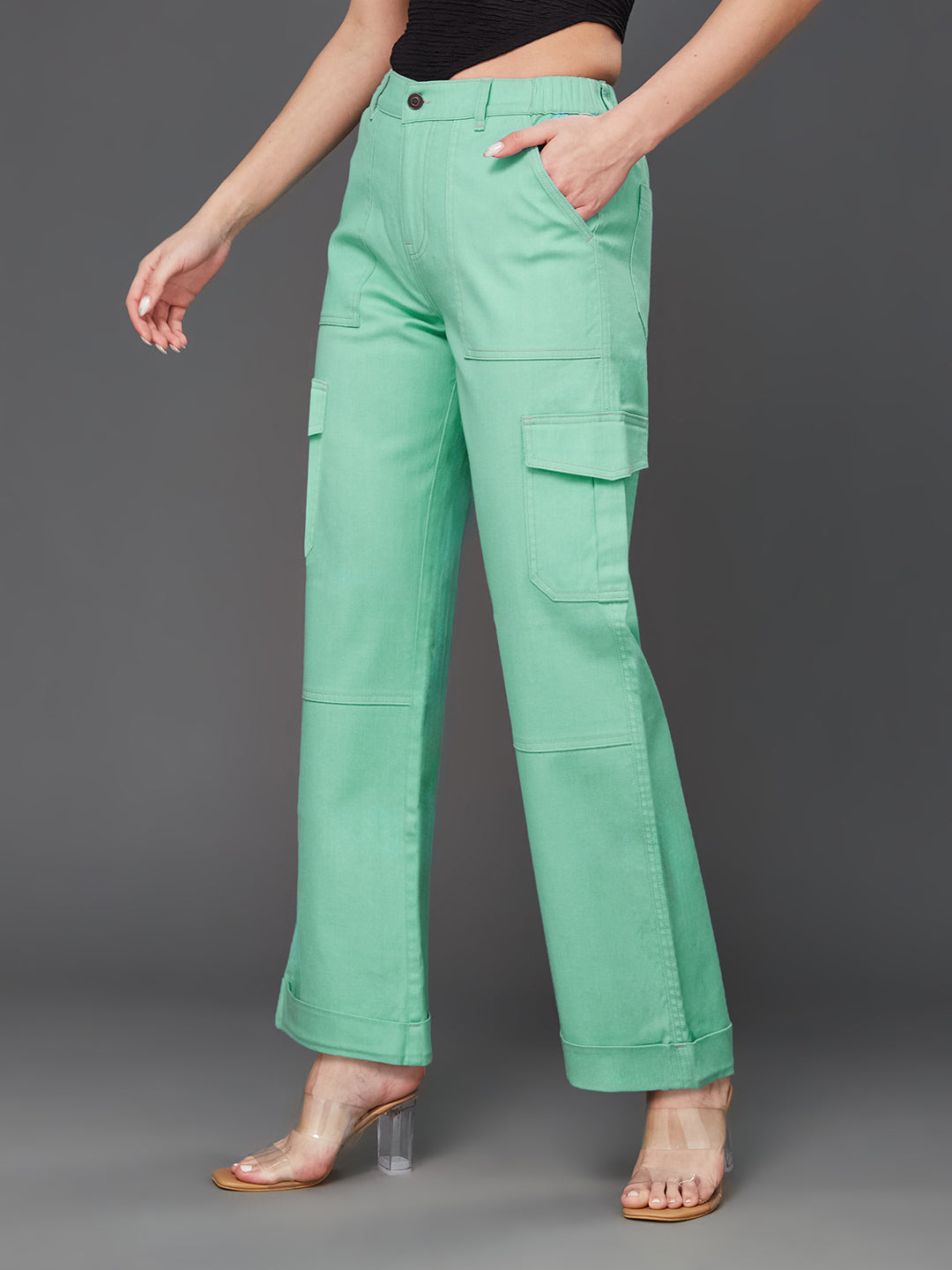 24/7 Comfort Turquoise Wide-Leg High-Rise Stretchable Denim Pants