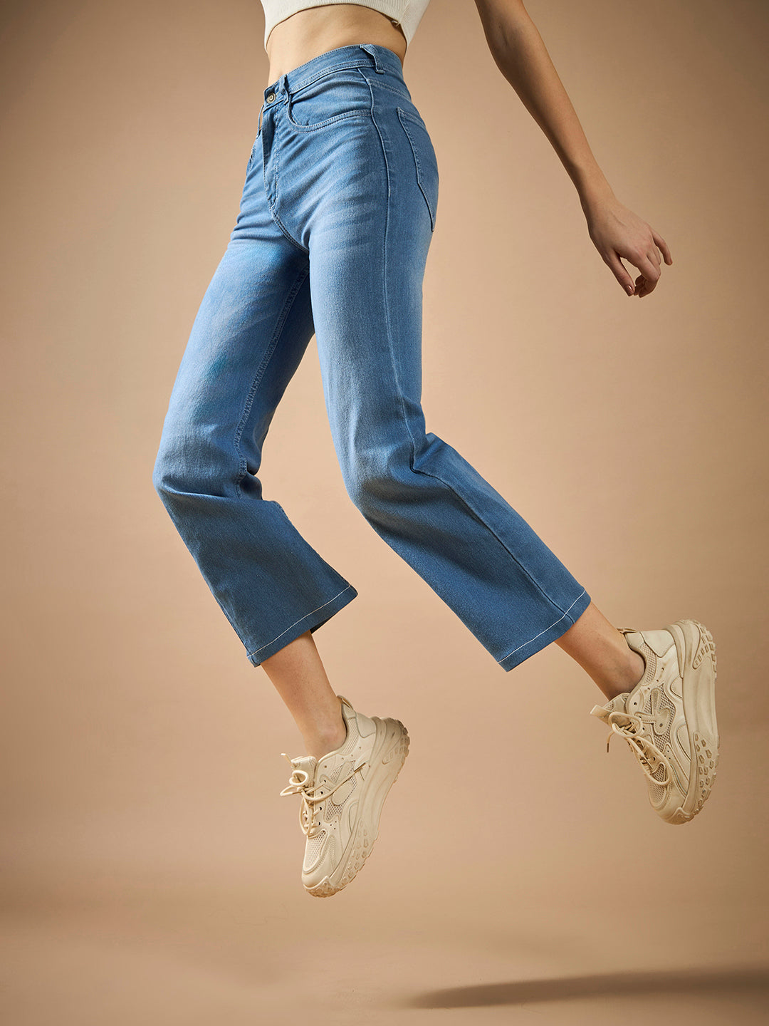 Women's Light Blue Wide-Leg fit Mid-Rise Regular-Length Stretchable Denim Jeans