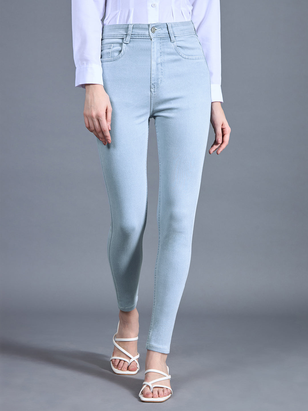 Women's Light Blue Skinny High-Rise Distressed Cropped Denim Jeans