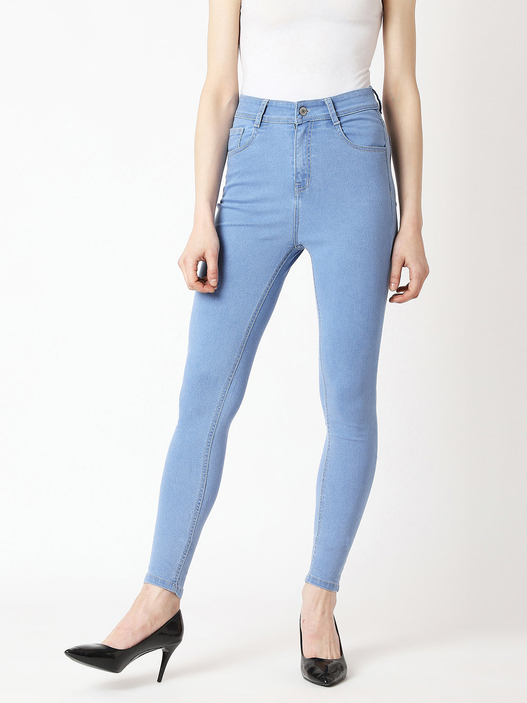 Women's Light Blue Skinny High-Rise Distressed Denim Jeans