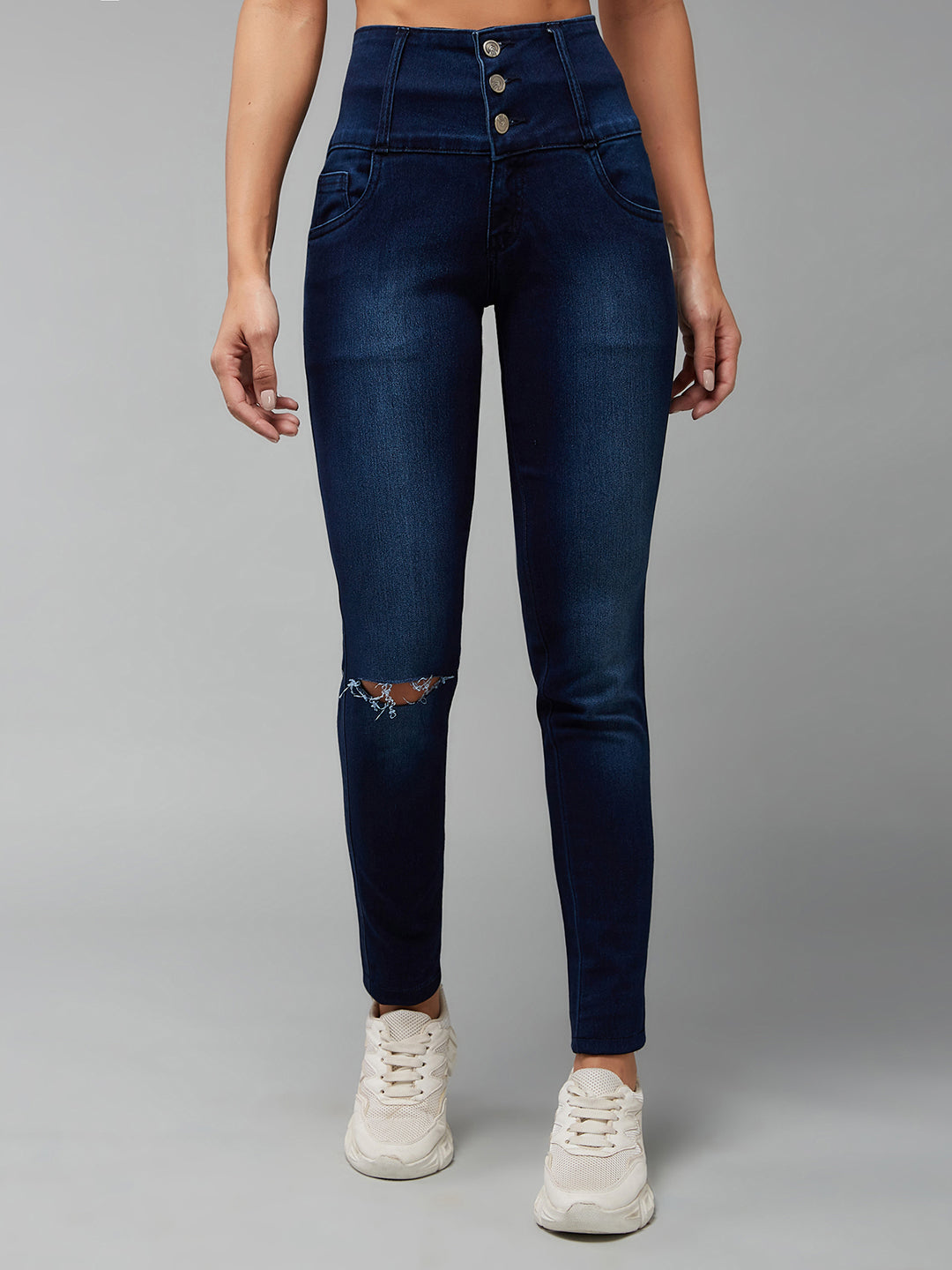 24/7 Comfort Navy-Blue Skinny-Fit High-Rise Knee-Slit Stretchable High-Rise Denim Jeans